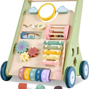 11-in-1 Montessori Baby Walker Toddlers Push Walker Wooden Activity Center Gift for 1 Year Old Boys Girls, Adjustable Speed & Quiet Wheels Learning to Walk Sensory Toys Baby Sit-to-Stand Walking Toys